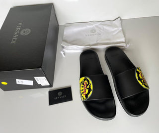 NIB $ 450 Versace Baroccoflage Pool Slides Sandalen Schwarz 14 US (47 Euro) Italien 