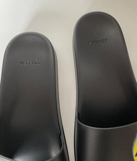 NIB $ 450 Versace Baroccoflage Pool Slides Sandalen Schwarz 14 US (47 Euro) Italien 