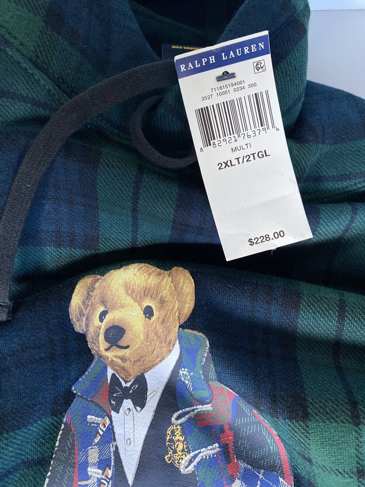 New $228 Polo Ralph Lauren Long Sleeve Bear Sweater with Hoodie Green 2XLT/2TGL