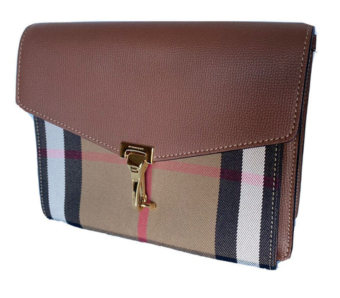 NWT Burberry Small Macken House Check Derby Leather Cross Body Bag Tan 39808261