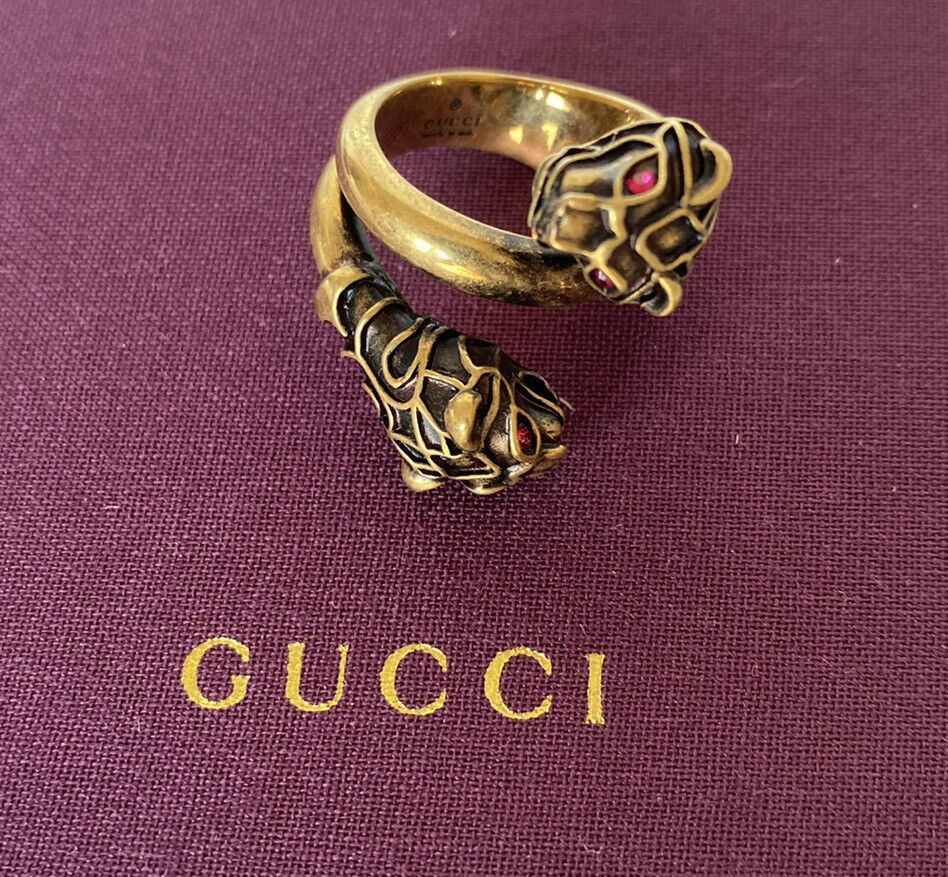 NWB Authentic GUCCI Кольцо Gucci с красными кристаллами и головой тигра, размер 13 (16,8 мм), Италия