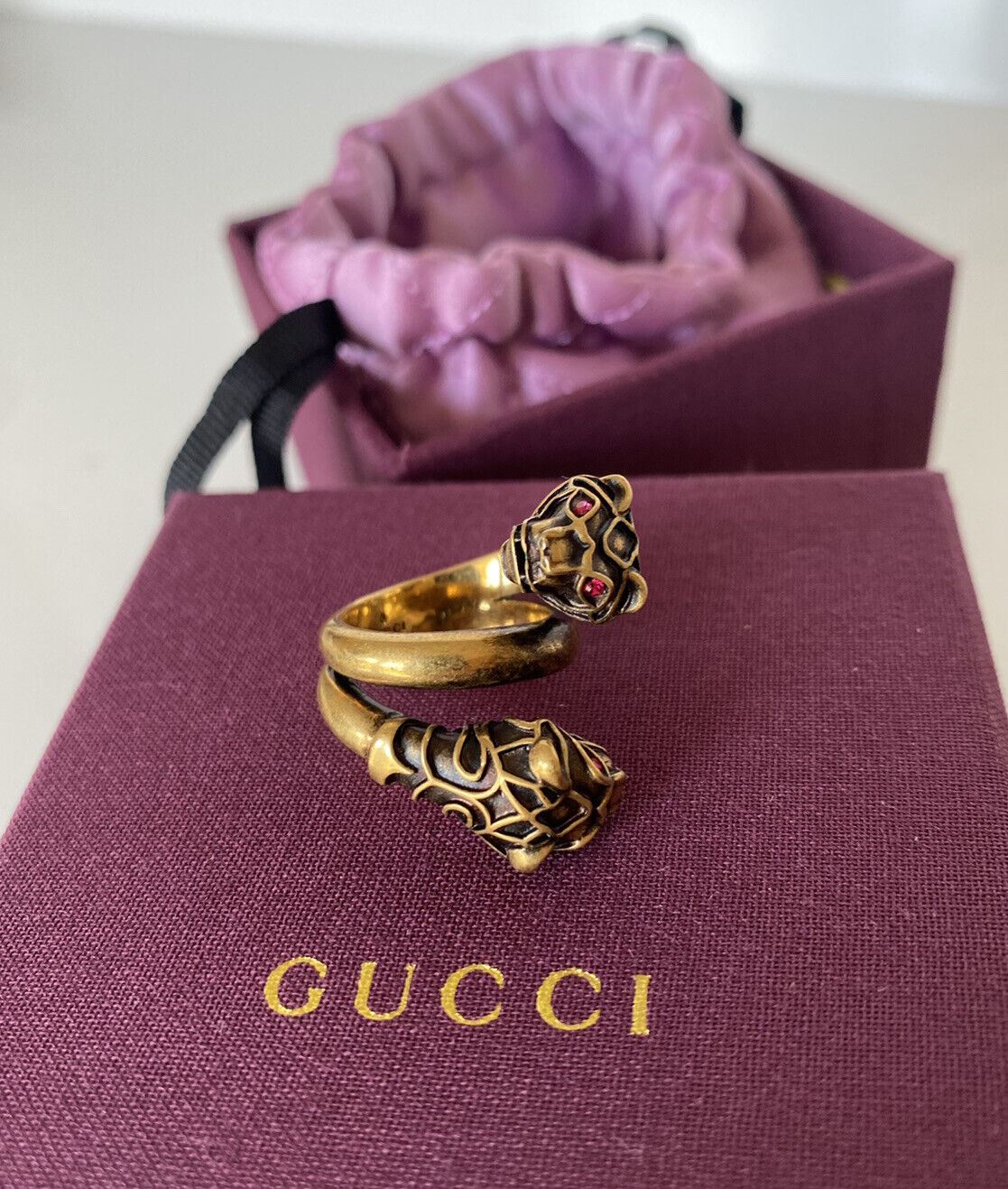 NWB Authentic GUCCI Red Crystal Gucci Tiger Head Ring Size 13 (16.8 mm) Italy