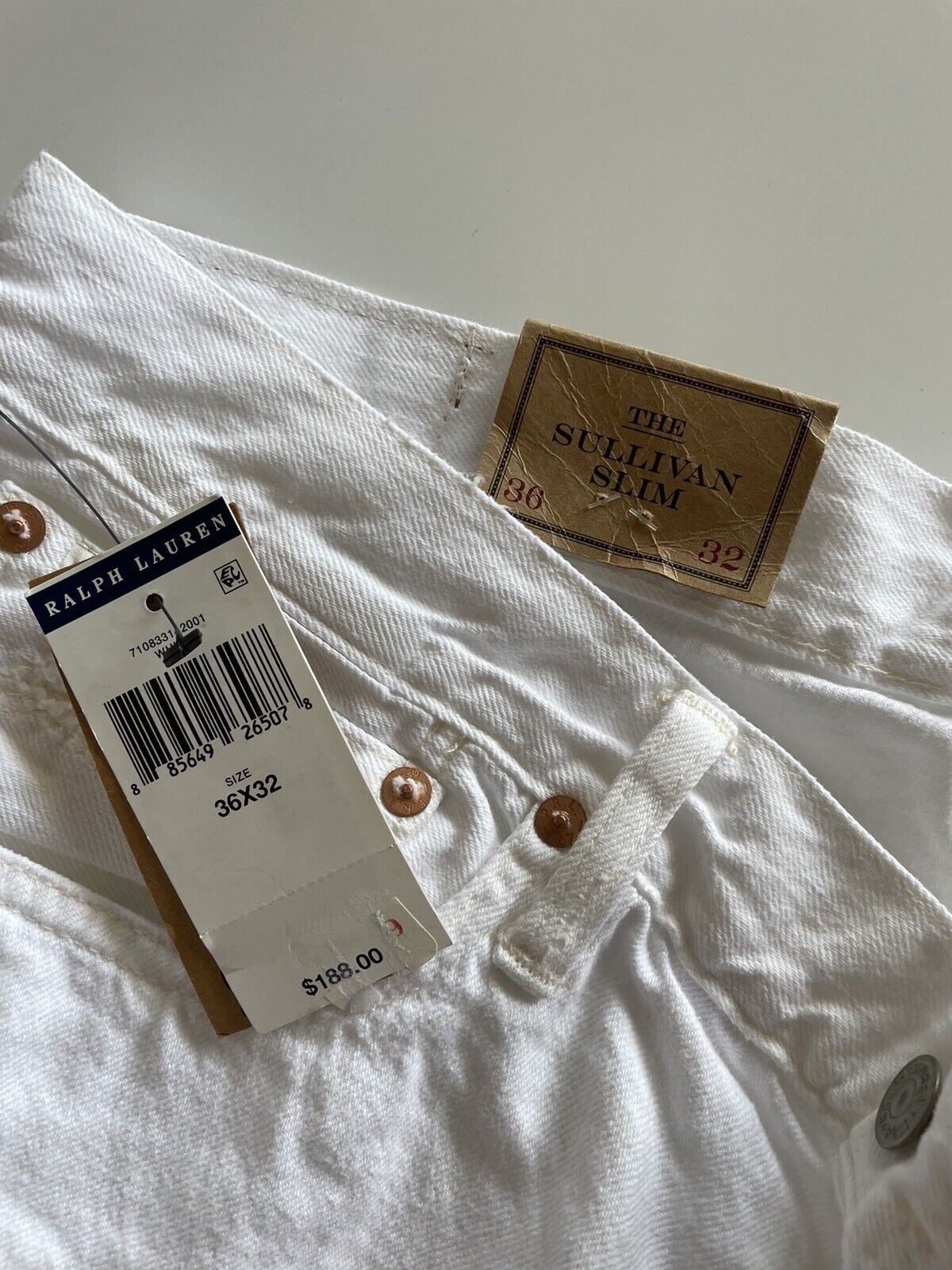 Мужские узкие белые джинсы Polo Ralph Lauren The Sullivan стоимостью 188 долларов США, размер 36x32 (38 дюймов)