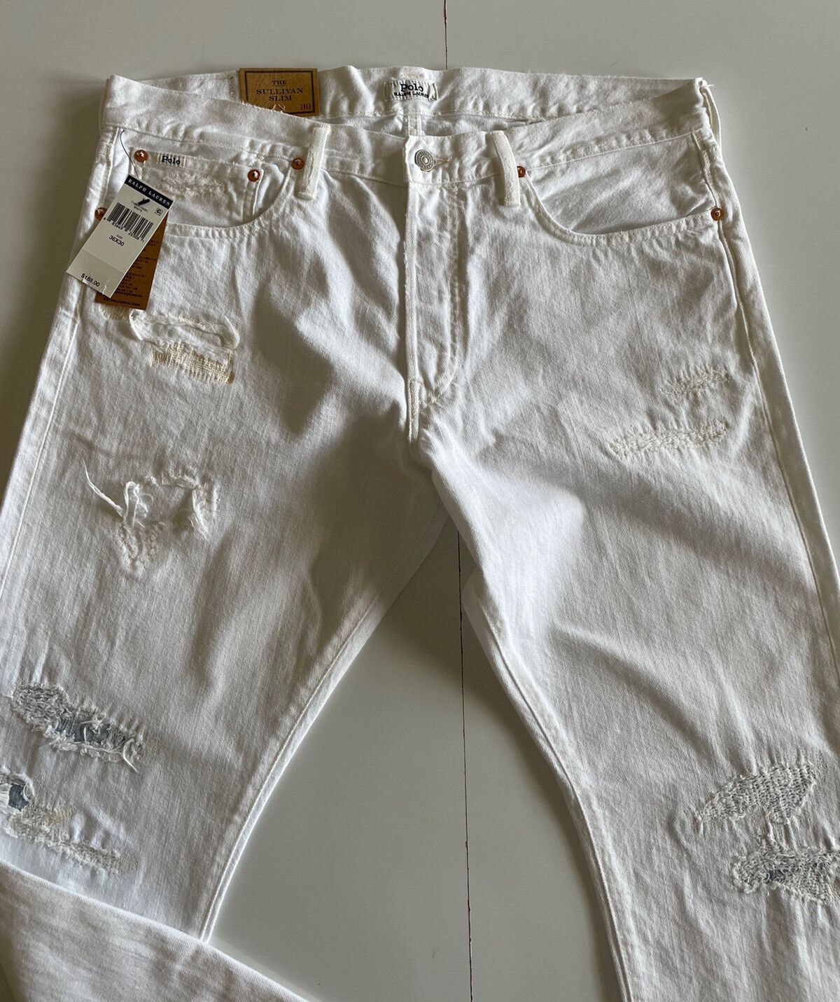 Neu mit Etikett: 188 $ Polo Ralph Lauren Herren-Jeans The Sullivan Slim in Weiß, Größe 36 x 32 (38 Zoll)