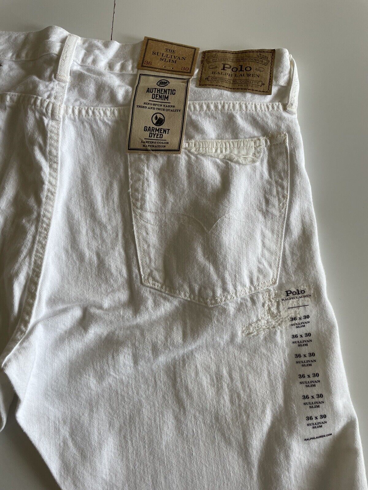 Neu mit Etikett: 188 $ Polo Ralph Lauren Herren-Jeans The Sullivan Slim in Weiß, Größe 36 x 32 (38 Zoll)