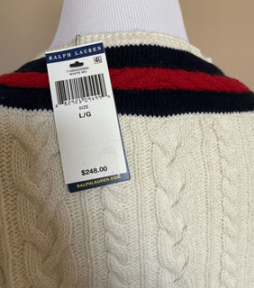 Neu mit Etikett: 248 $ Polo Ralph Lauren Herren-Pullover aus Baumwolle/Kaschmir mit V-Ausschnitt, Weiß, Größe L