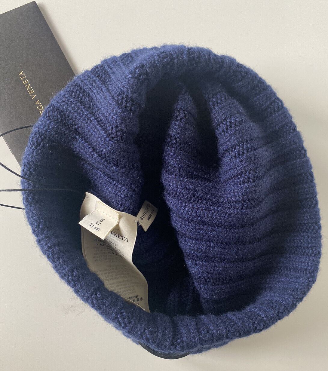 NWT $350 Bottega Veneta 100% Cashmere Knit Beanie Hat Dk Blue Large 578913 Italy