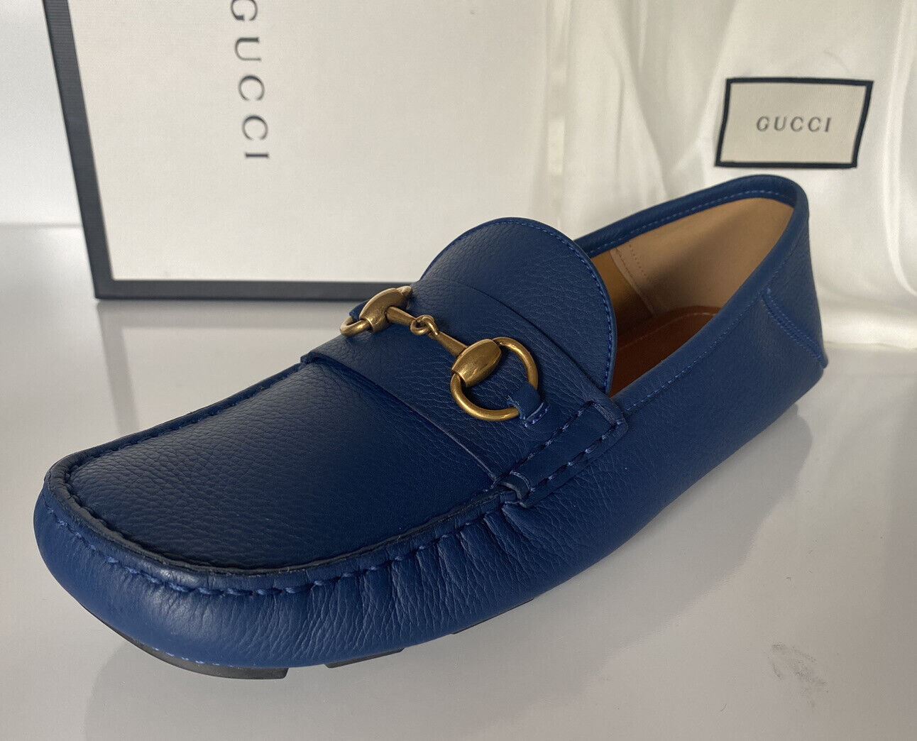 NIB Gucci Mens Horsebit Leather Driver Shoes  Moccasin Blue 8.5 (Gucci 8) 548604