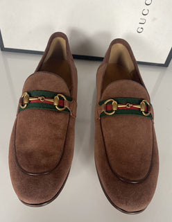 NIB Gucci Herren Horsebit Wildleder Web Mokassin Schuhe Braun 9,5 US (Gucci 9) 581513 