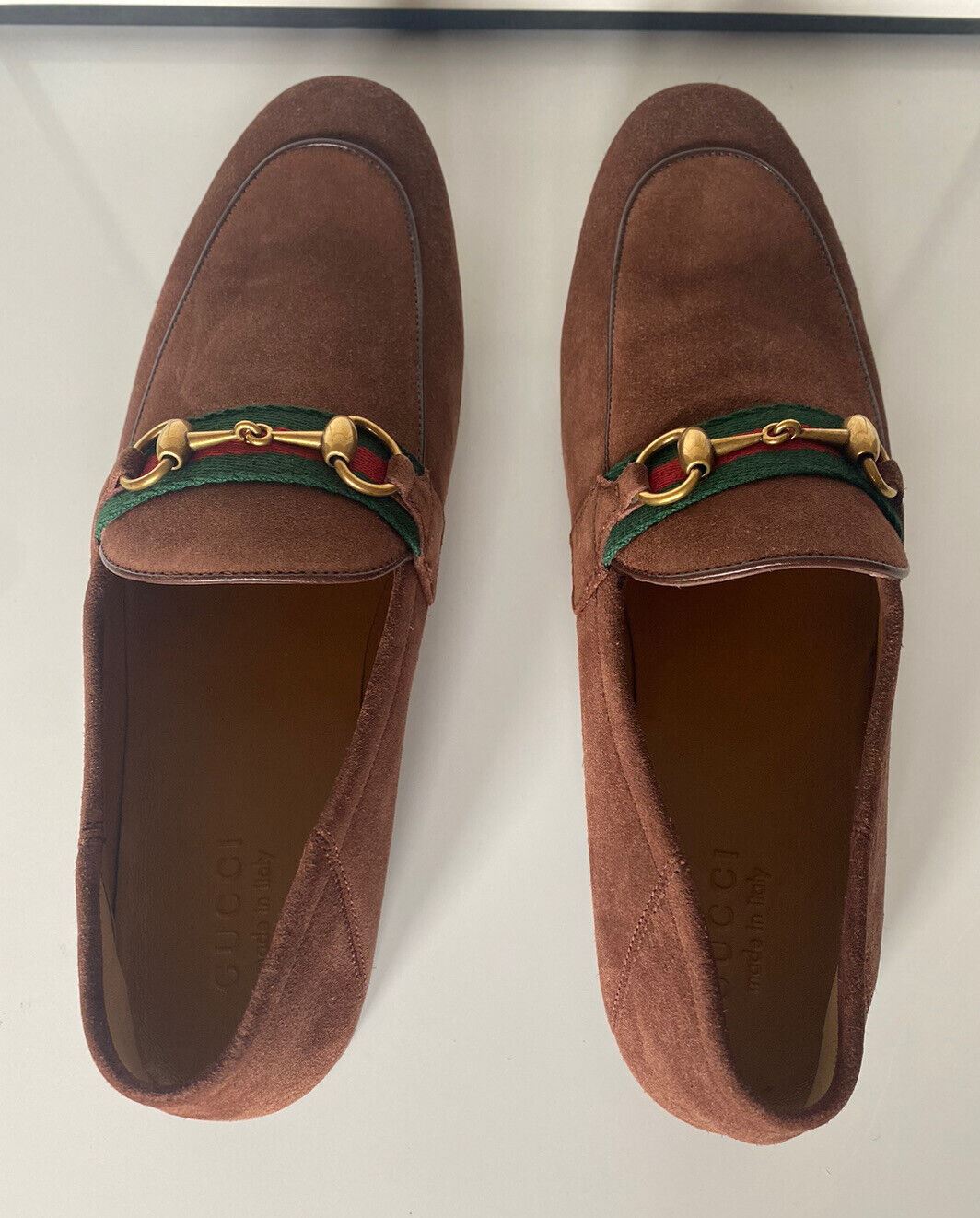 NIB Gucci Men's Horsebit Suede Web Moccasin Shoes Brown 9.5 US (Gucci 9) 581513