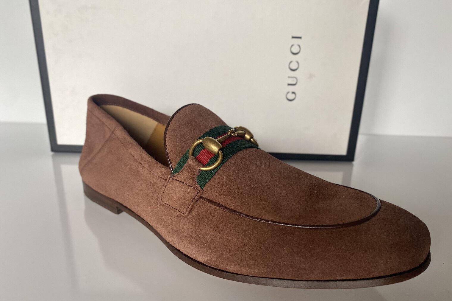 NIB Gucci Men's Horsebit Suede Web Moccasin Shoes Brown 9.5 US (Gucci 9) 581513