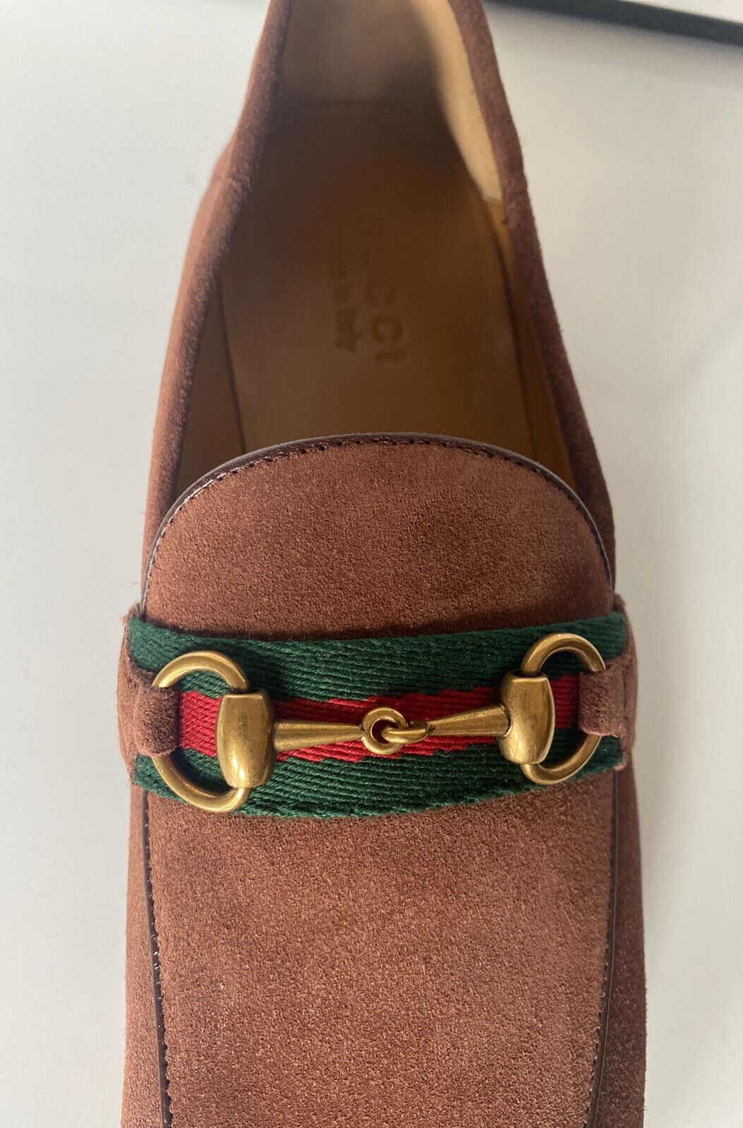 NIB Gucci Mens Horsebit Suede Web Moccasin Shoes Brown 10.5 US (Gucci 10) 581513