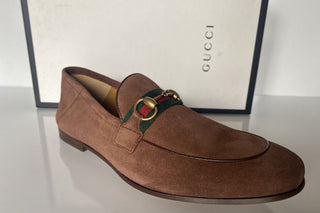 NIB Gucci Herren Horsebit Wildleder Web Mokassin Schuhe Braun 10,5 US (Gucci 10) 581513 