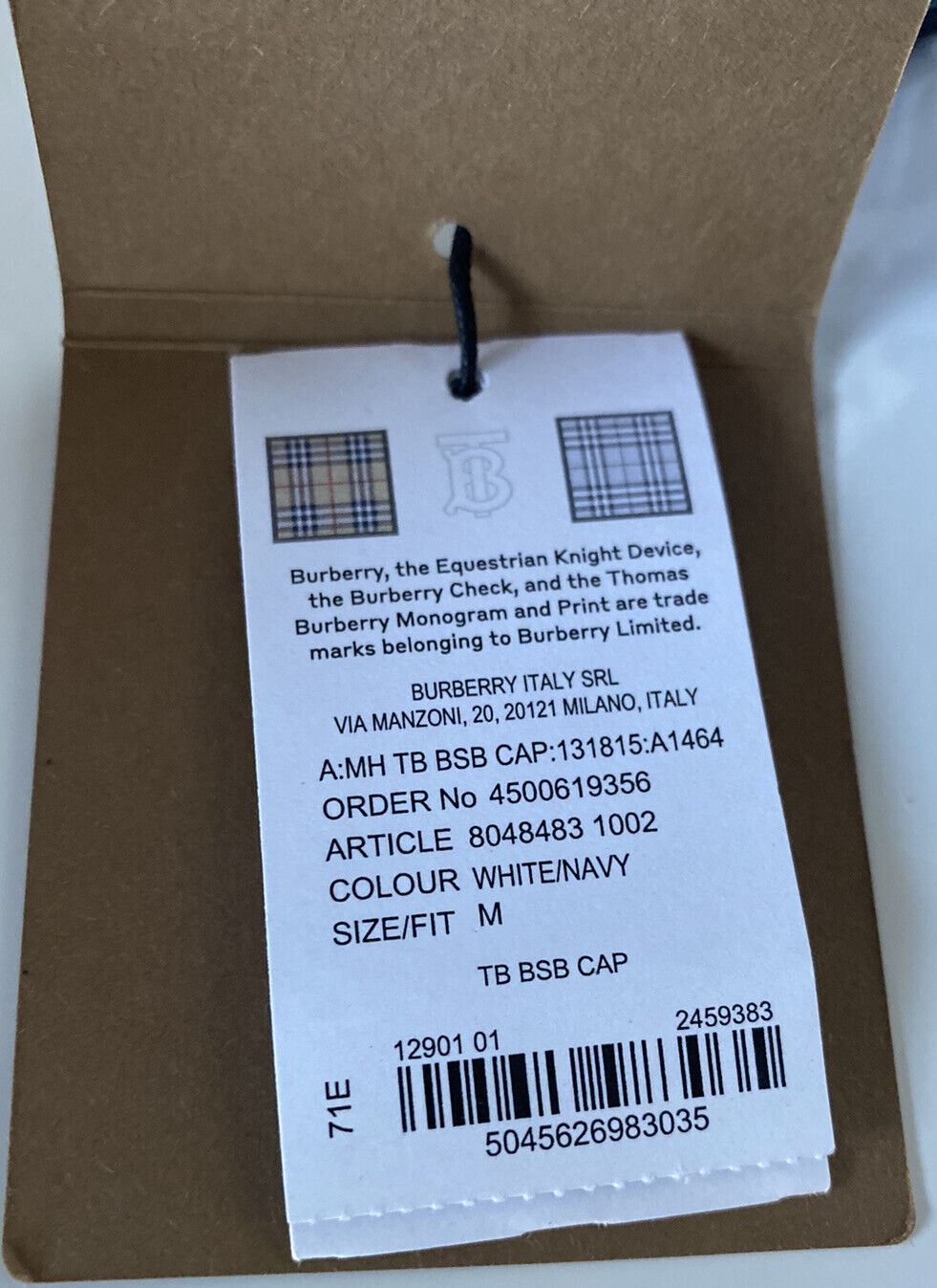 Neu mit Etikett: 420 $ Burberry TB Baumwoll-Baseballkappe Weiß/Marine M (57 cm) 8048483 Italien 