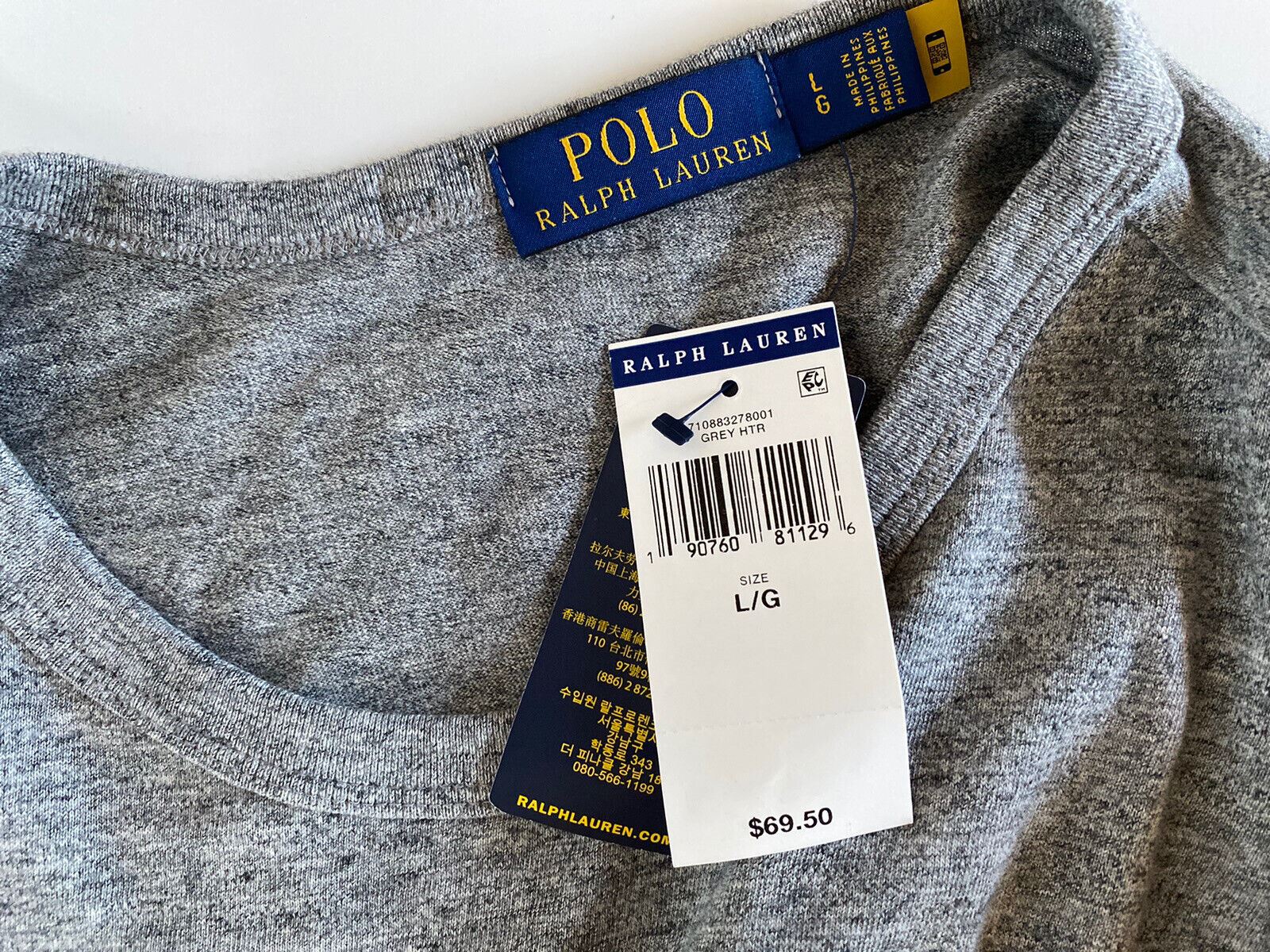 NWT 69,50 $ Polo Ralph Lauren Graues sportliches T-Shirt aus weicher Baumwolle mit Logo, Größe L