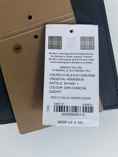 Neue 350-Dollar-Burberry-Karo-Bifold-Geldbörse aus dunklem Anthrazitleder, Italien 8014481 