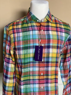 NWT $495 Ralph Lauren Purple Label Men's Multicolor Linen Shirt Large Italy
