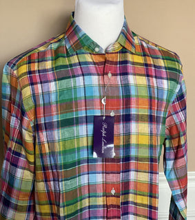 NWT $495 Ralph Lauren Purple Label Men's Multicolor Linen Shirt Large Italy