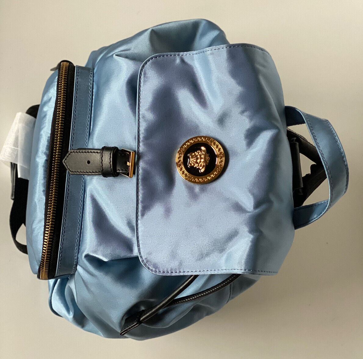 NWT Versace Nylon/Leather Cornflower Blue Backpack Made in Italy 1002876 1A02155