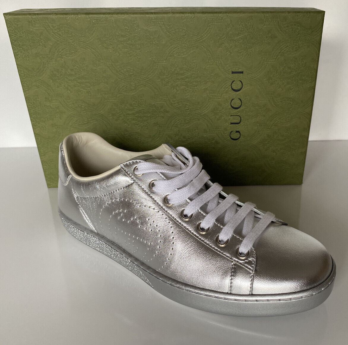 NIB Gucci Ace Herren-Low-Top-Sneaker in Silber 10,5 US (Gucci 10) 660266 Italien 