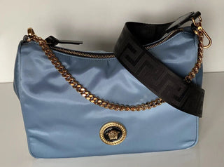 NWT Versace Nylon/Leather Cornflower Blue Hobo Bag Made in Italy 1002877 1A02155