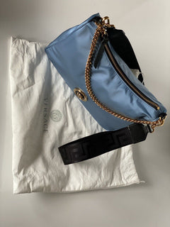 NWT Versace Nylon/Leather Cornflower Blue Hobo Bag Made in Italy 1002877 1A02155
