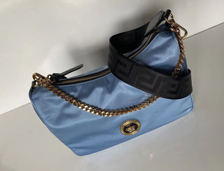 NWT Versace Nylon/Leather Cornflower Blue Hobo Bag Made in Italy 1002877 1A02155