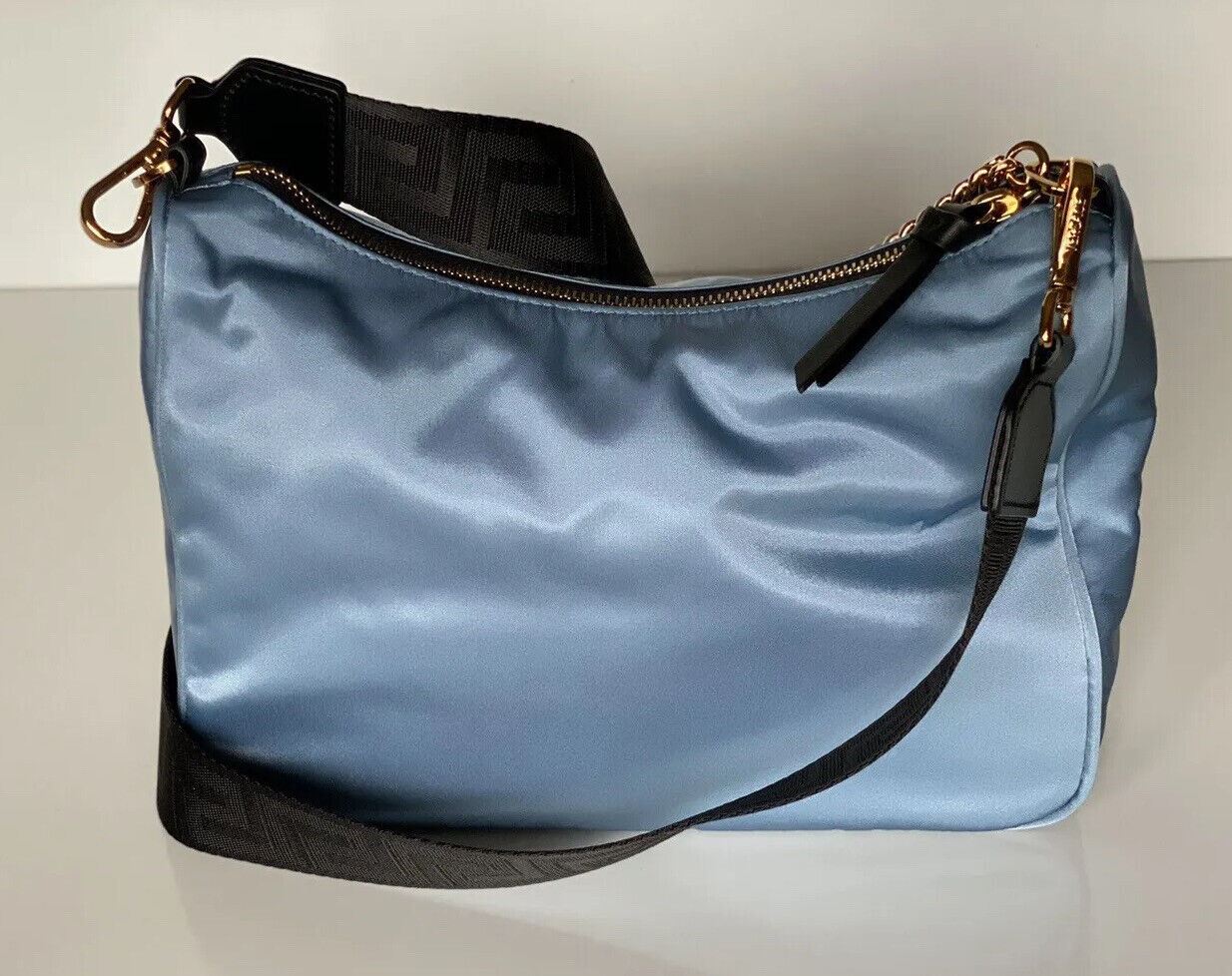 NWT Versace Nylon/Leather Cornflower Blue Hobo Bag Made in Italy 1002877 1A02155