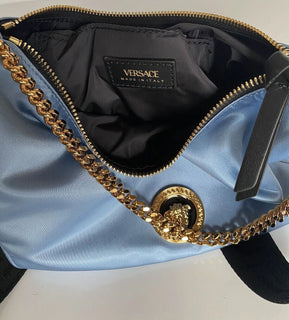 NWT Versace Nylon/Leather Cornflower Blue Hobo Bag Made in Italy 1002877 1A02155