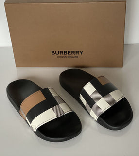 NIB $410 Burberry Camel Check Slides Sandalen 10 US (43 Euro) 8043672 