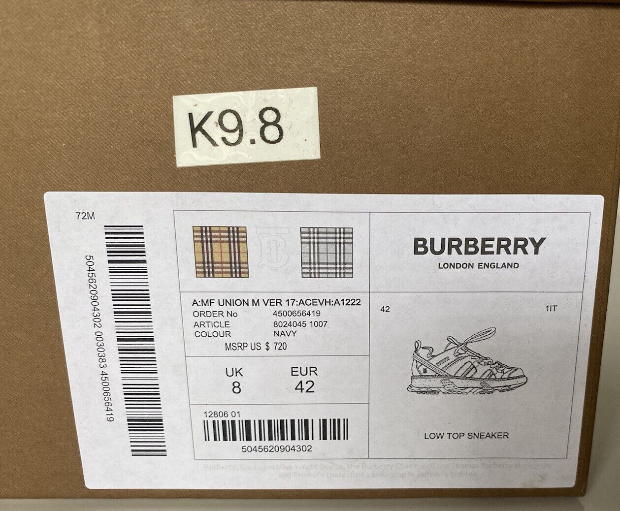 Мужские темно-синие кроссовки Burberry MF UNION M VER 720 долларов США (42 евро) 8024045 IT 