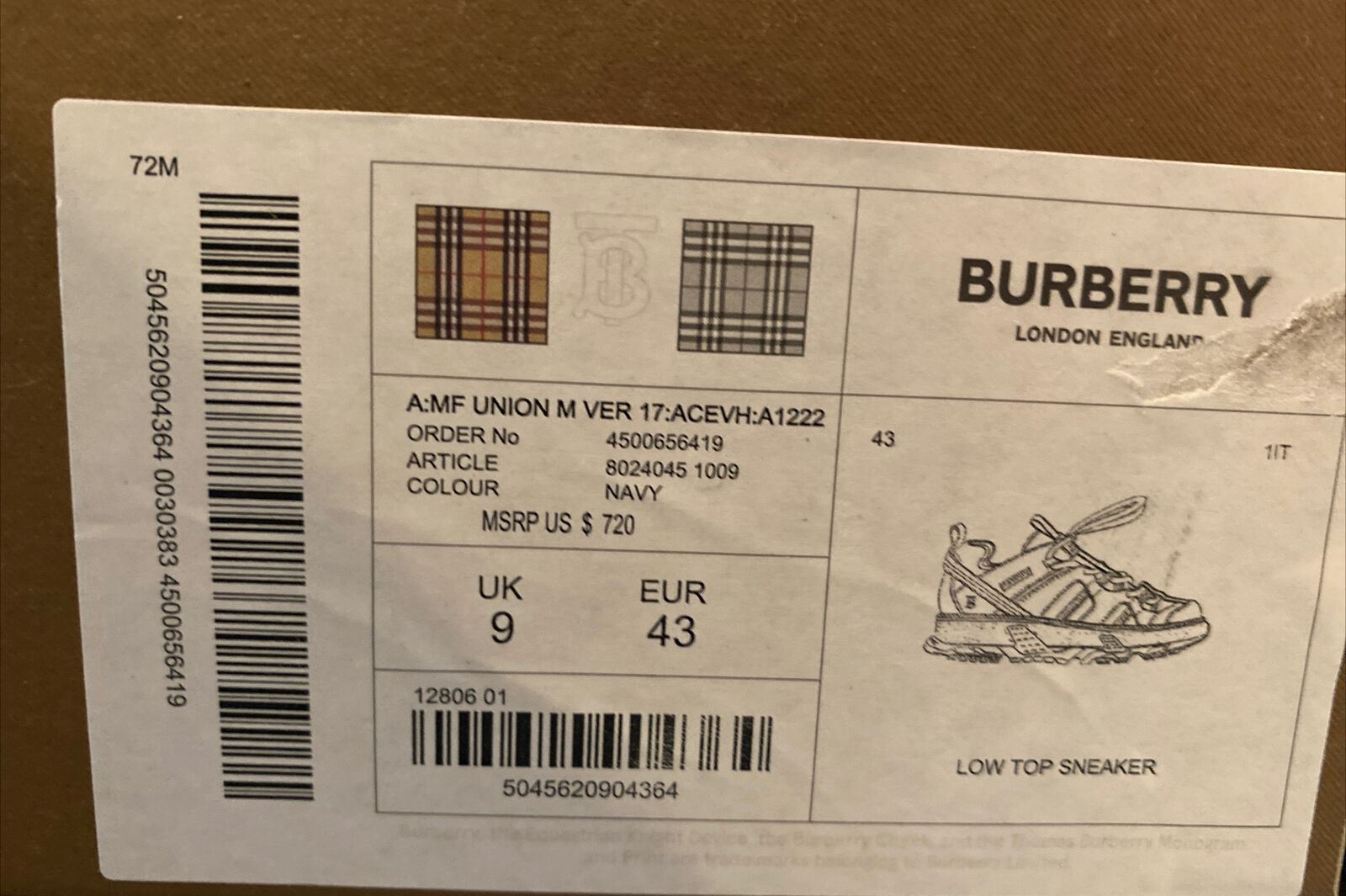 Мужские темно-синие кроссовки Burberry MF UNION M VER 720 долларов США 10 США (43 евро) 8024045 IT 