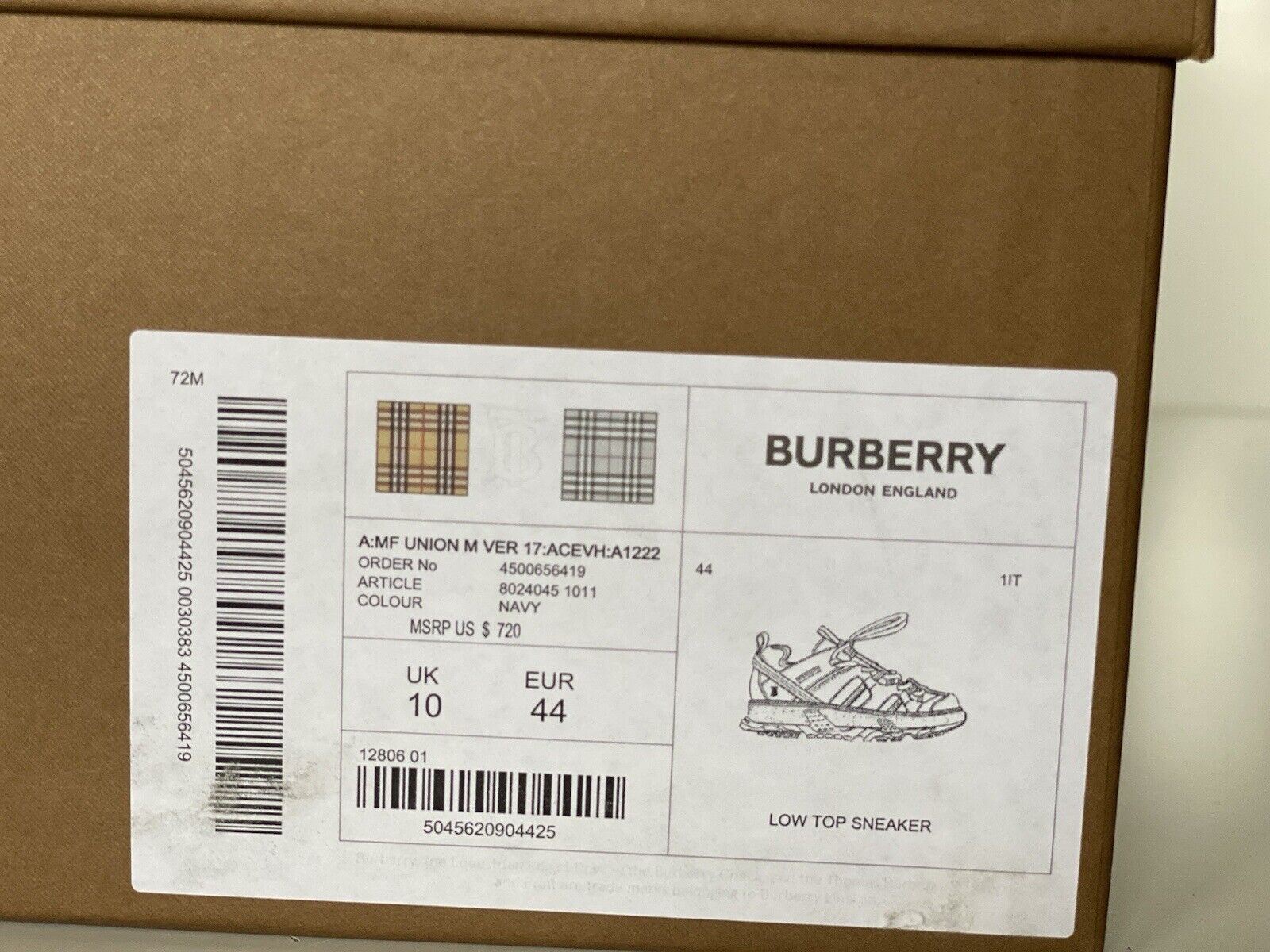 NIB 720 $ Burberry MF UNION M VER Marineblaue Herren-Sneaker 11 US (44 Euro) 8024045 IT 