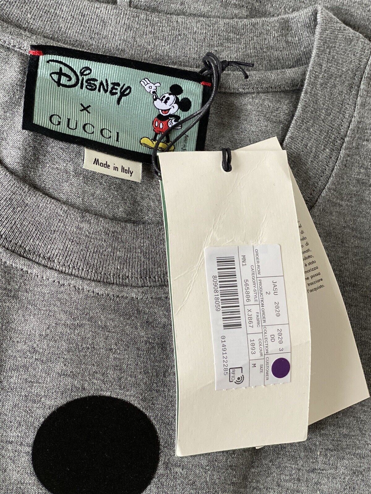 Серая футболка из хлопкового джерси NWT Gucci Mickey Mouse, средний размер (оверсайз) 565806