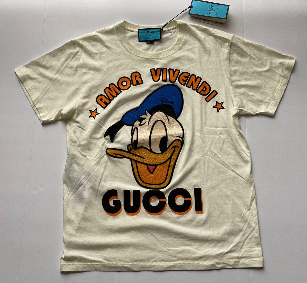 Neu mit Etikett: Gucci Donald Duck Amor Vivendi Elfenbeinfarbenes Jersey-T-Shirt XS (Übergröße) 615044