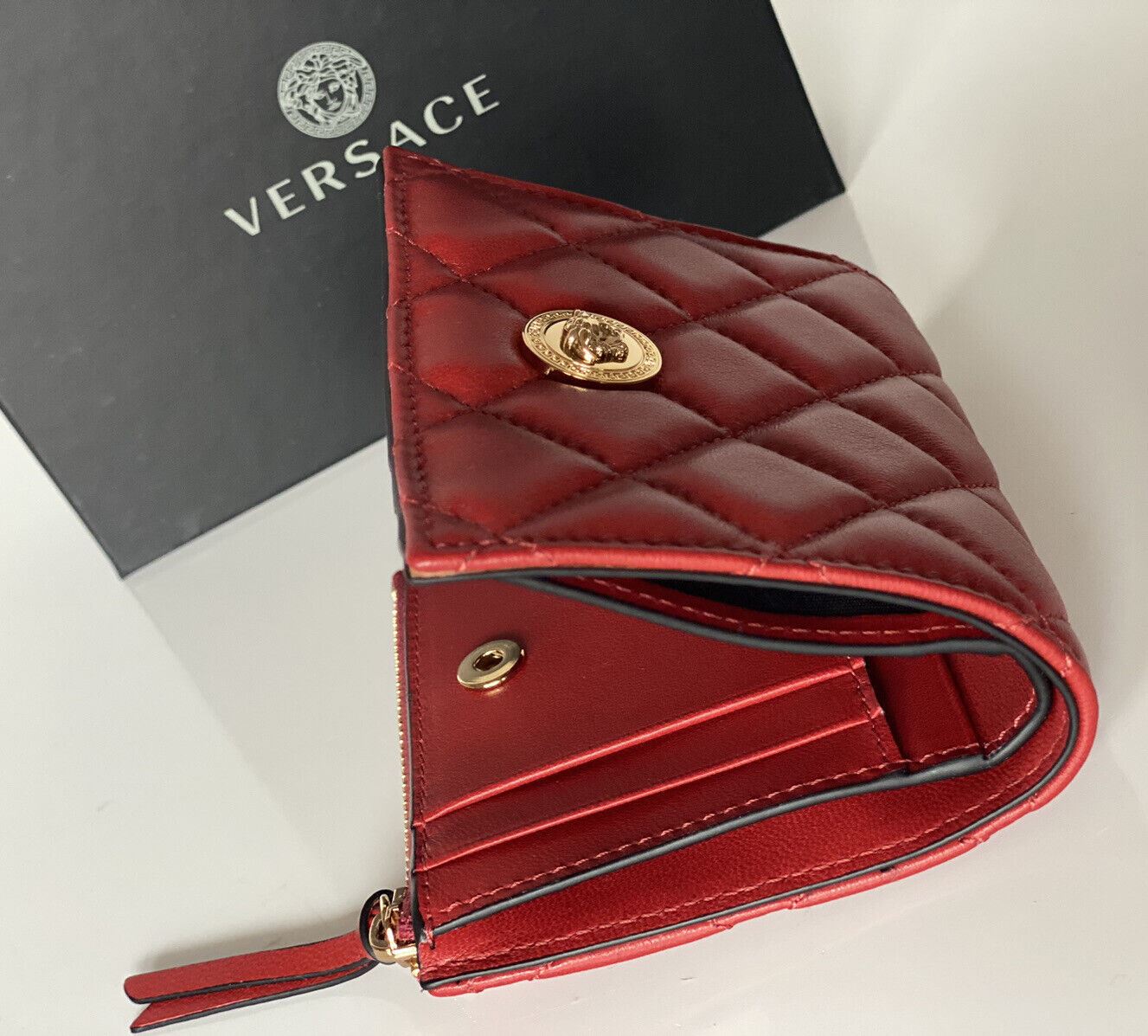 NWT Versace Medusa Head Quilted Red Leather Zipper Wallet IT 1A03912