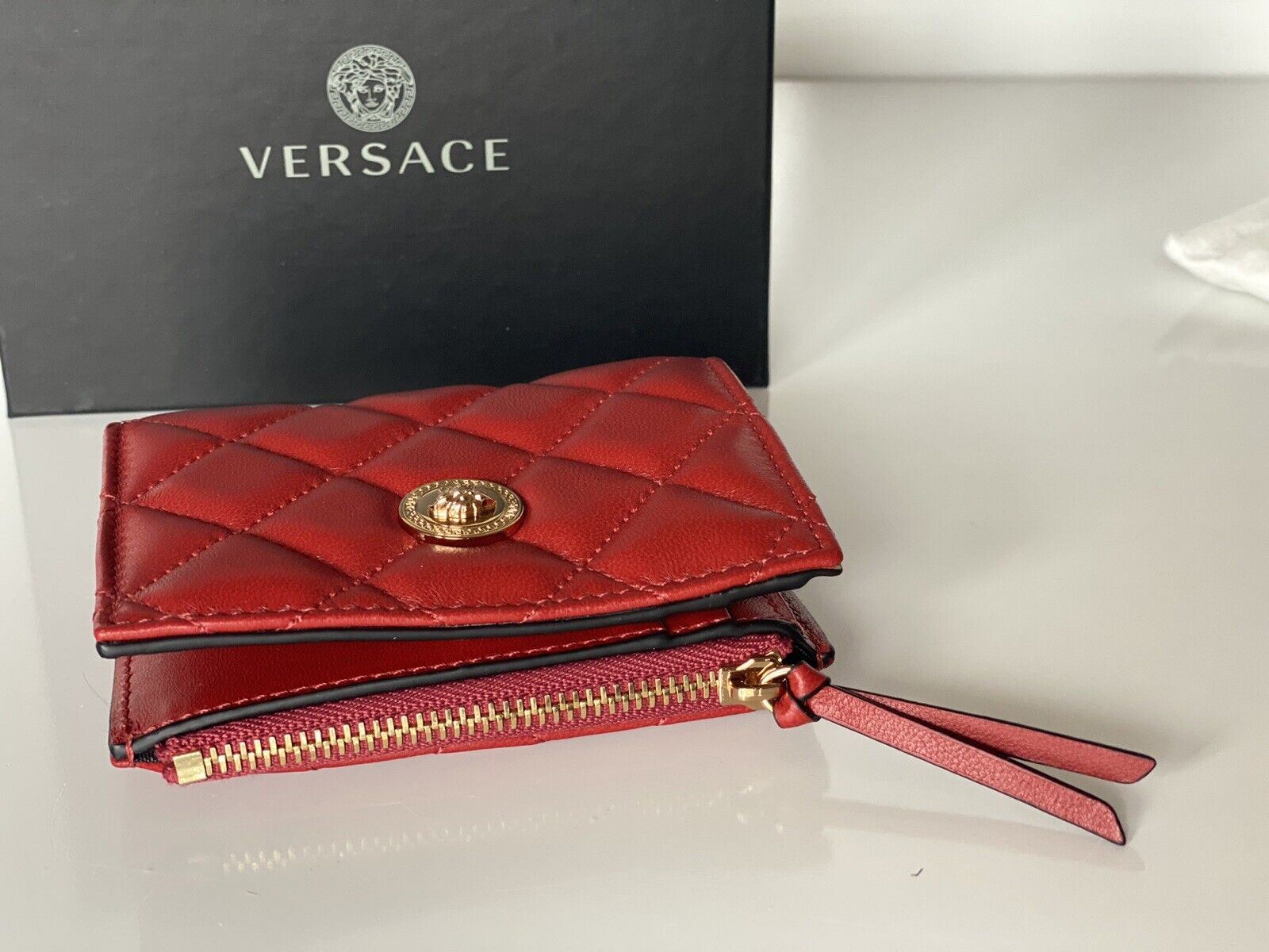 NWT Versace Medusa Head Quilted Red Leather Zipper Wallet IT 1A03912