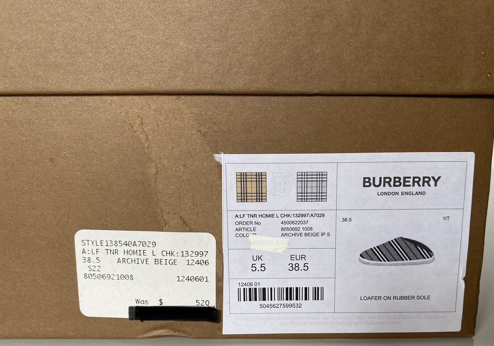 NIB 520 $ Burberry Archive Beige Loafers für Damen 8,5 US (38,5 Euro) 8050692 Italien 