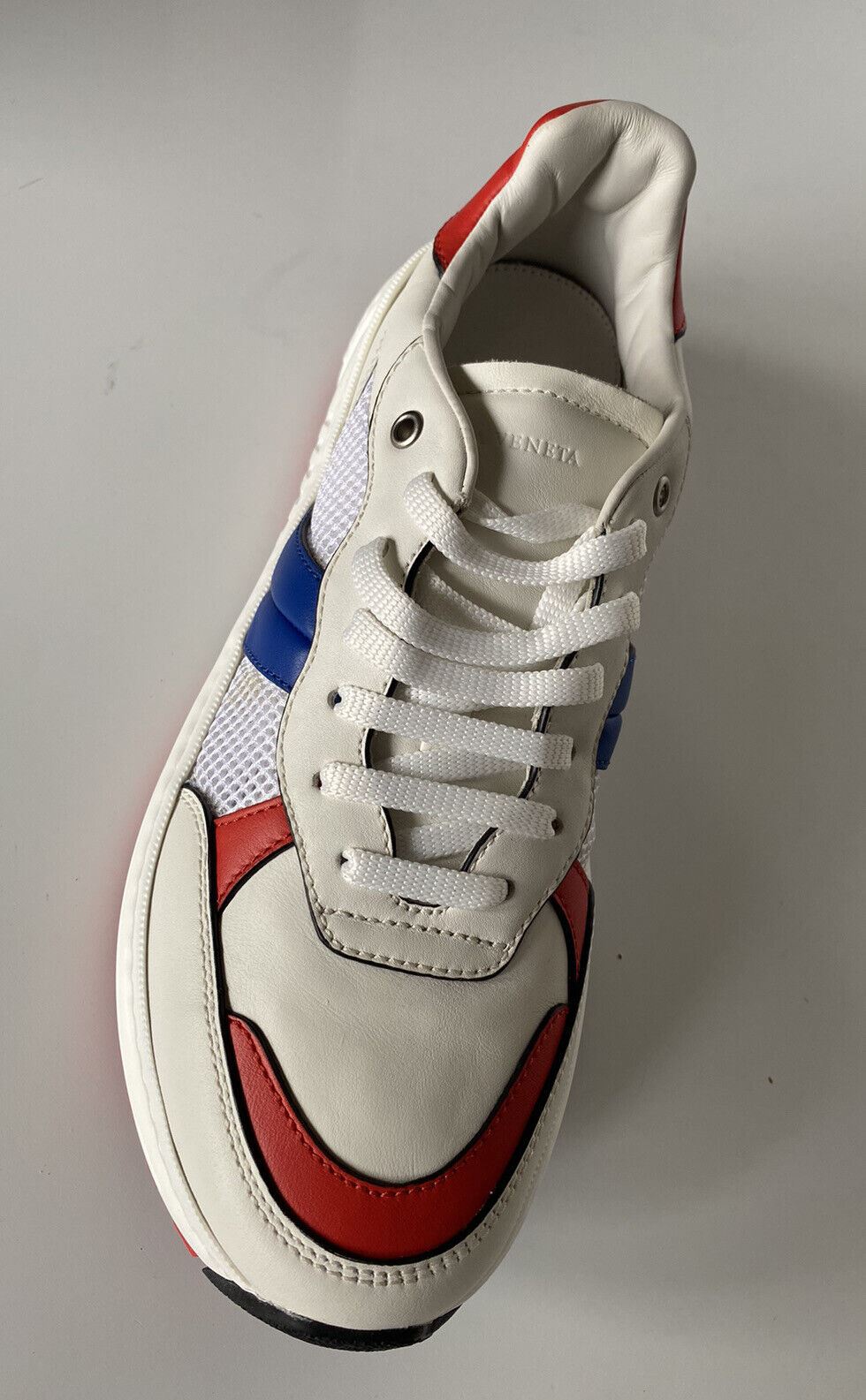 NIB Bottega Veneta Mens Leather & Mesh Sneakers White/Red/Blue 10 US 565646 9080