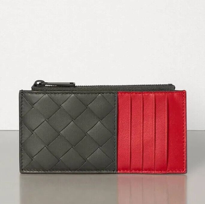 Neu mit Etikett: 520 $ Bottega Veneta Leder-Slim-Geldbörse Intreccio Weave Graphite, Red 591379