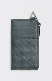 Neu mit Etikett: 520 $ Bottega Veneta Leder-Slim-Geldbörse Intreccio Weave Slate 619200