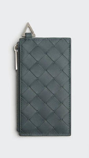 Neu mit Etikett: 520 $ Bottega Veneta Leder-Slim-Geldbörse Intreccio Weave Slate 619200