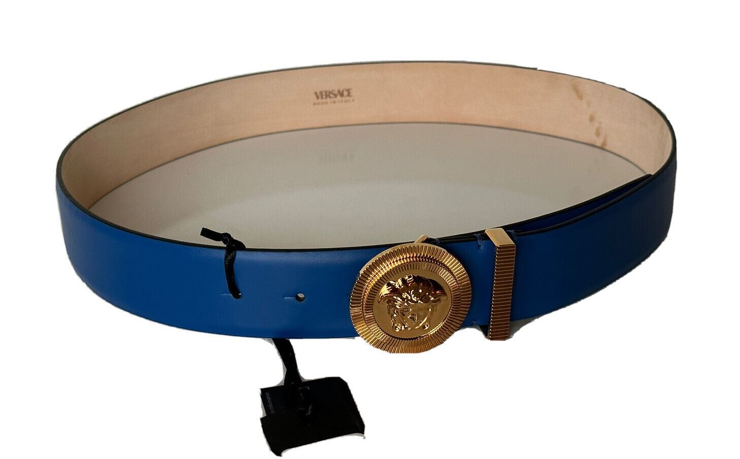 NIB $550 Versace Medusa-Buckle Blue Leather Belt 90 (36) Made in Italy