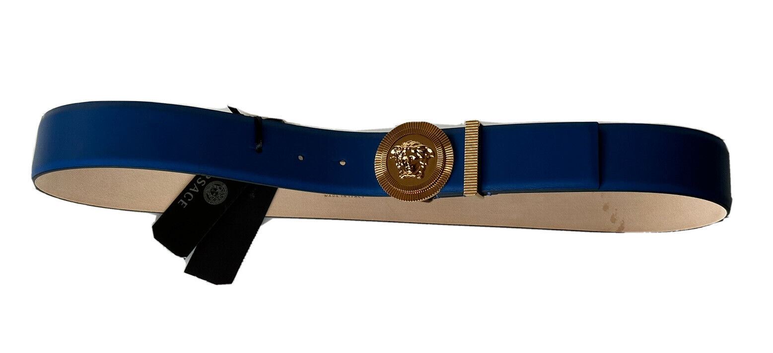 NIB 550 $ Versace Blauer Ledergürtel mit Medusa-Schnalle 90 (36) Hergestellt in Italien 
