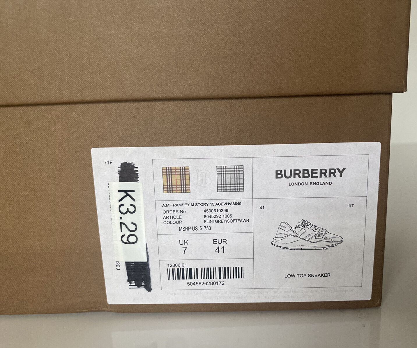 NIB Burberry Men's Ramsey Check Beige & Green Sneakers 8 US (41 Euro) 8045292 IT
