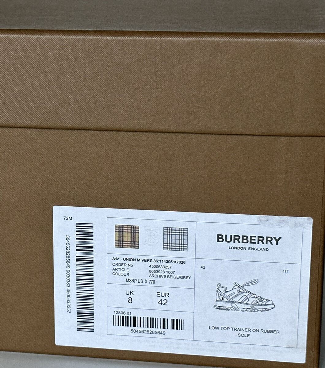 NIB Burberry Men's Union Check Archive Beige Sneakers 9 US (42 Euro) 8053928IT