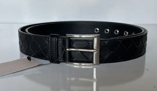 NWT 580 $ Bottega Veneta Intrecciato Nappaleder Schwarzer Gürtel 44/110 IT 580673 