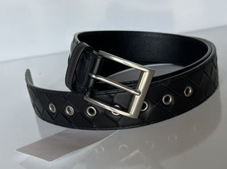 NWT 580 $ Bottega Veneta Intrecciato Nappaleder Schwarzer Gürtel 44/110 IT 580673 