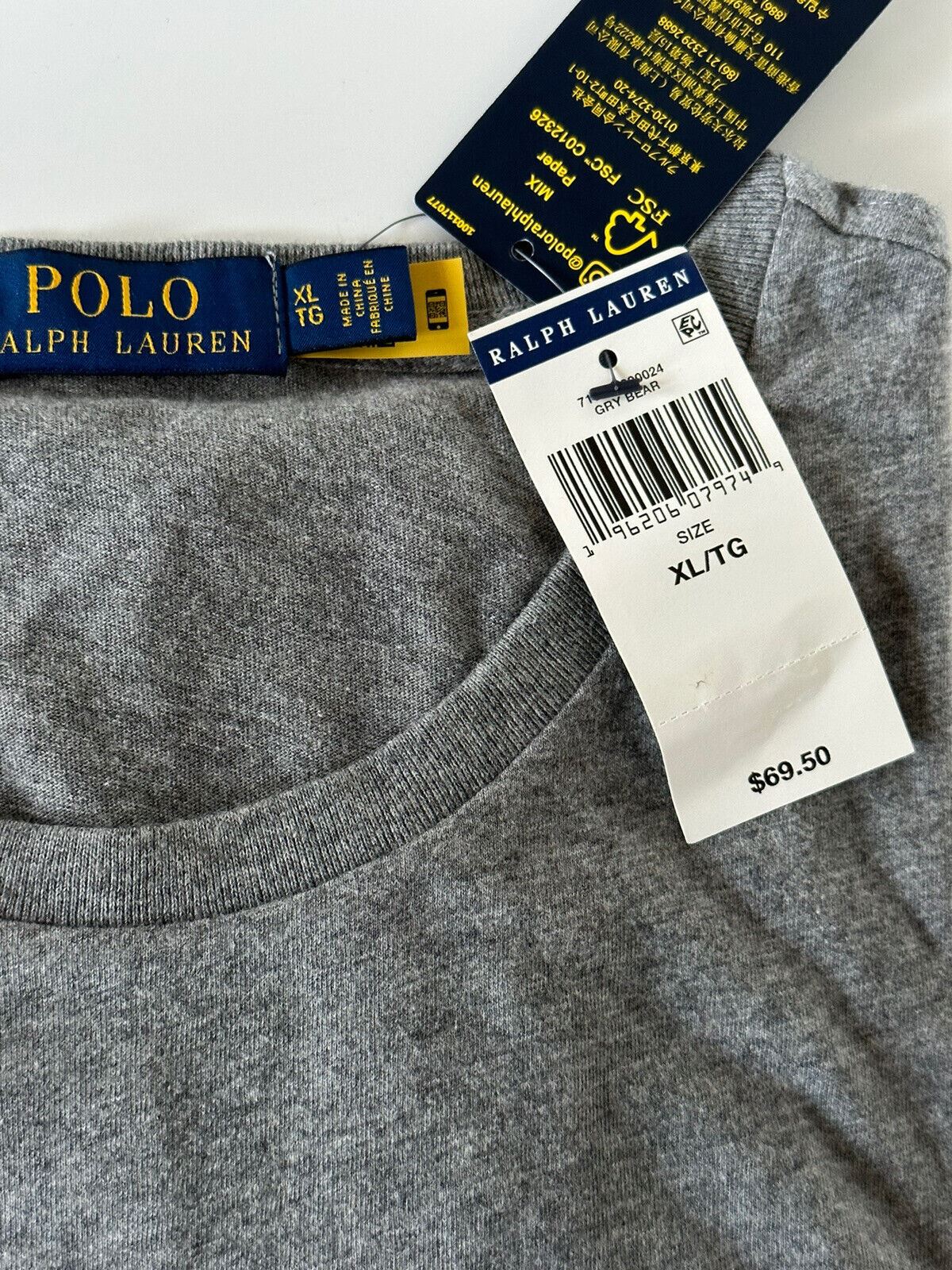 NWT Polo Ralph Lauren Bear Cotton T-Shirt Gray XL/TG