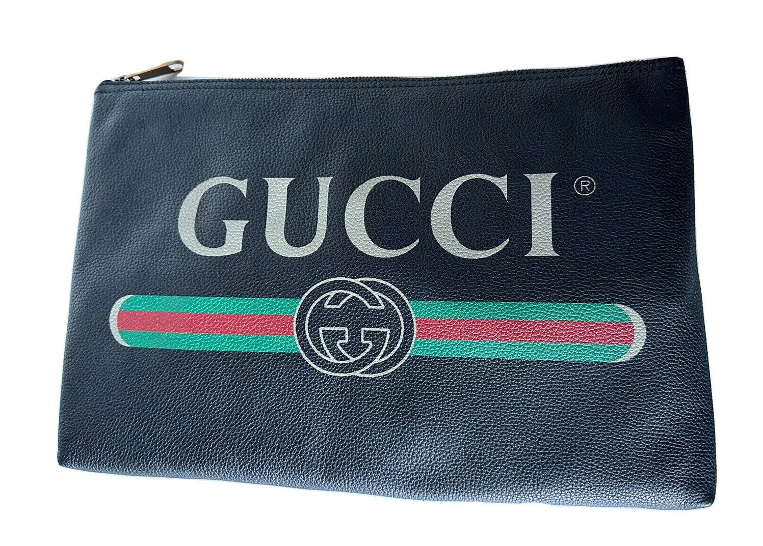 New Gucci G Web Gucci Print Zip Around Black Pouch Made in Italy